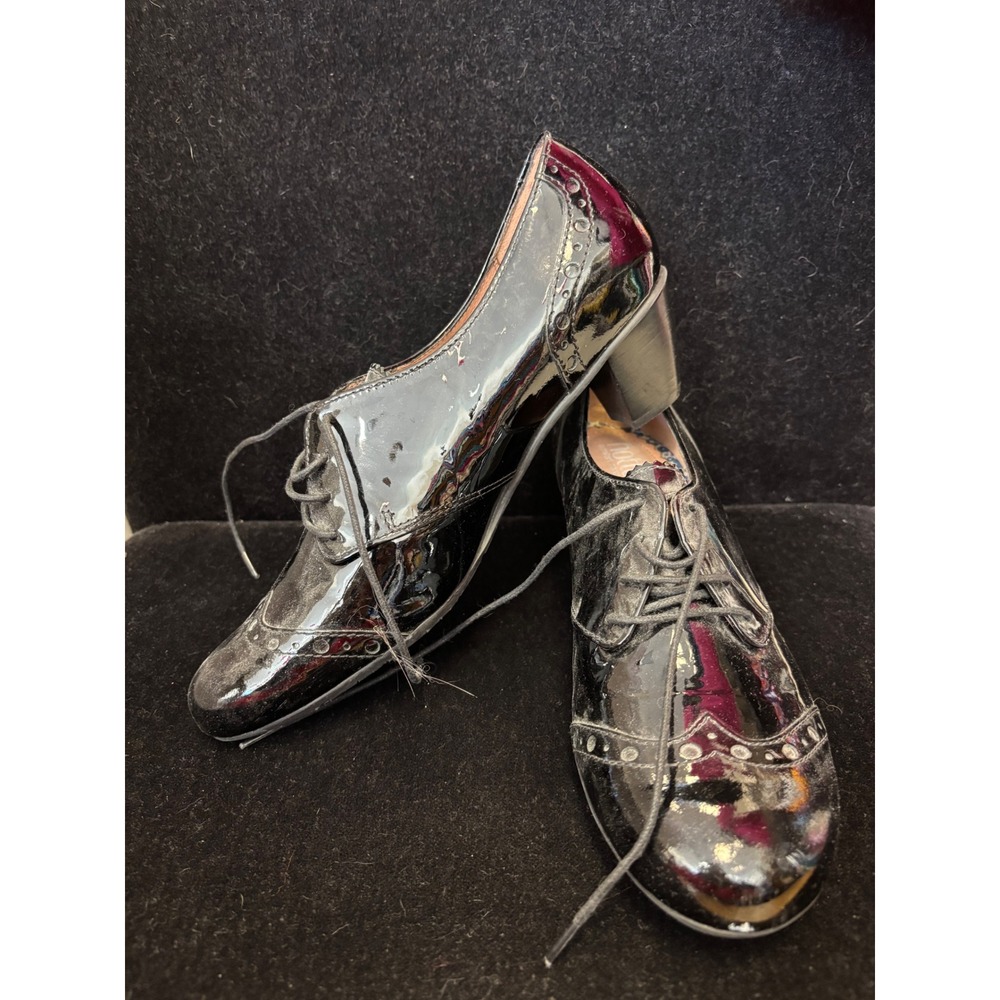 Hotter Comfort Concept Black Patent Leather Brogue Oxford Block Heels Womens